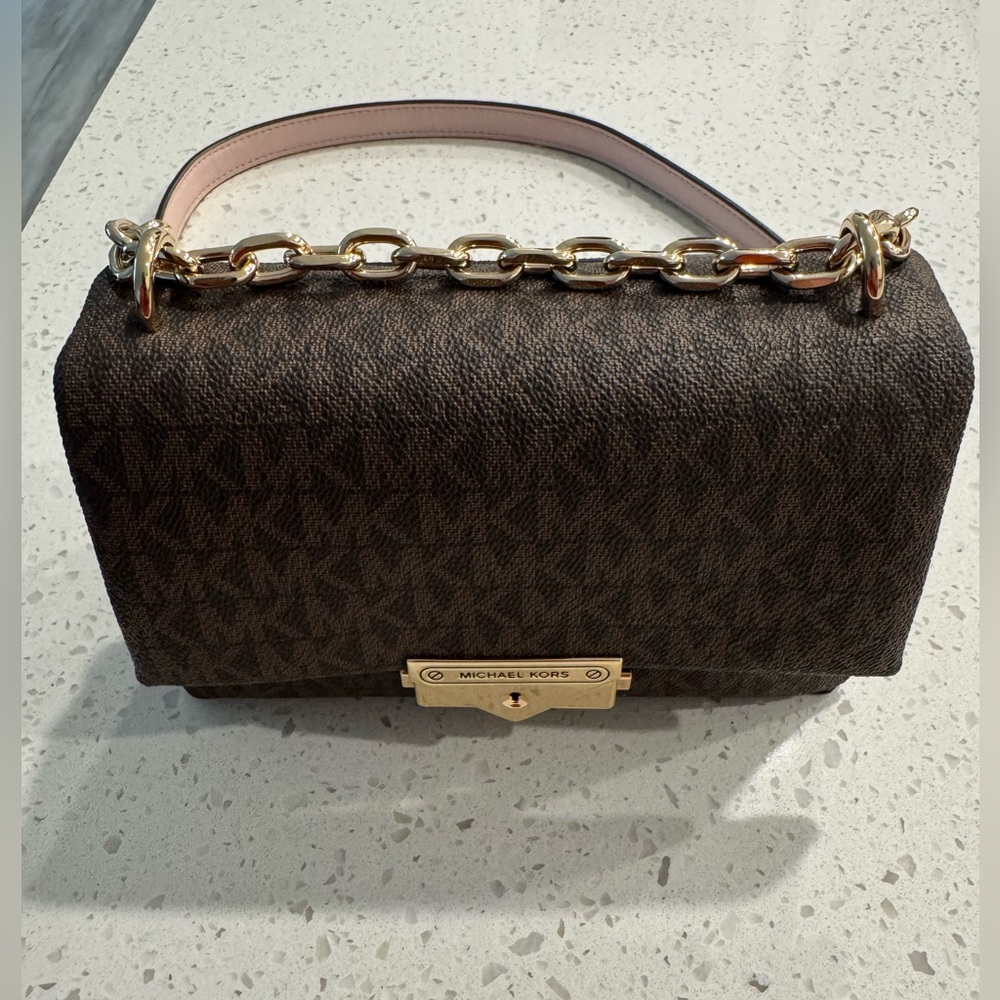 Michael Kors Brown and Gold Shoulder Bag with Monogram Print